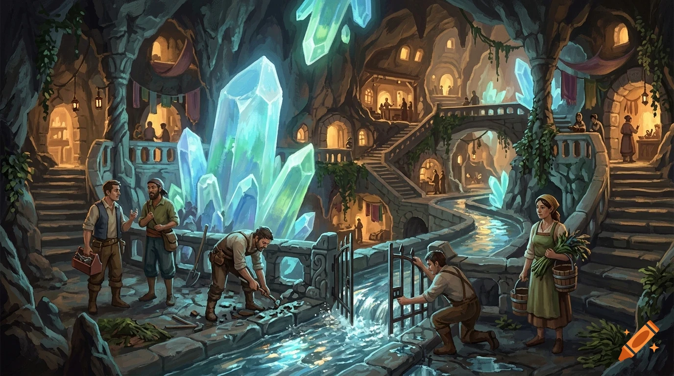 An underground fantasy city built into a cavern with glowing crystals, winding streams, stone bridges, and people going about daily life.