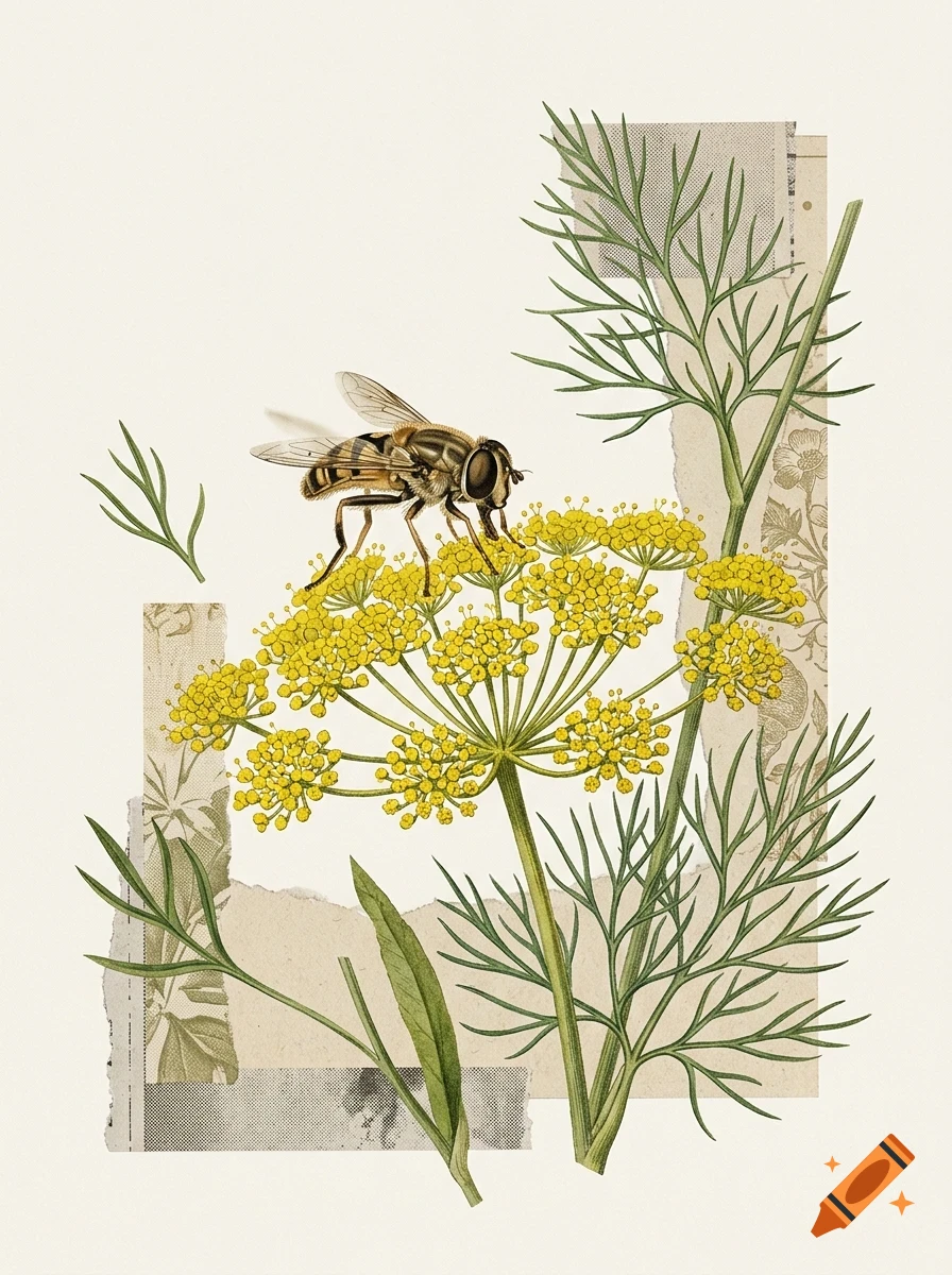 A detailed botanical illustration of a yellow flower cluster with feathery green leaves and a hoverfly resting on top, set against a collage background.