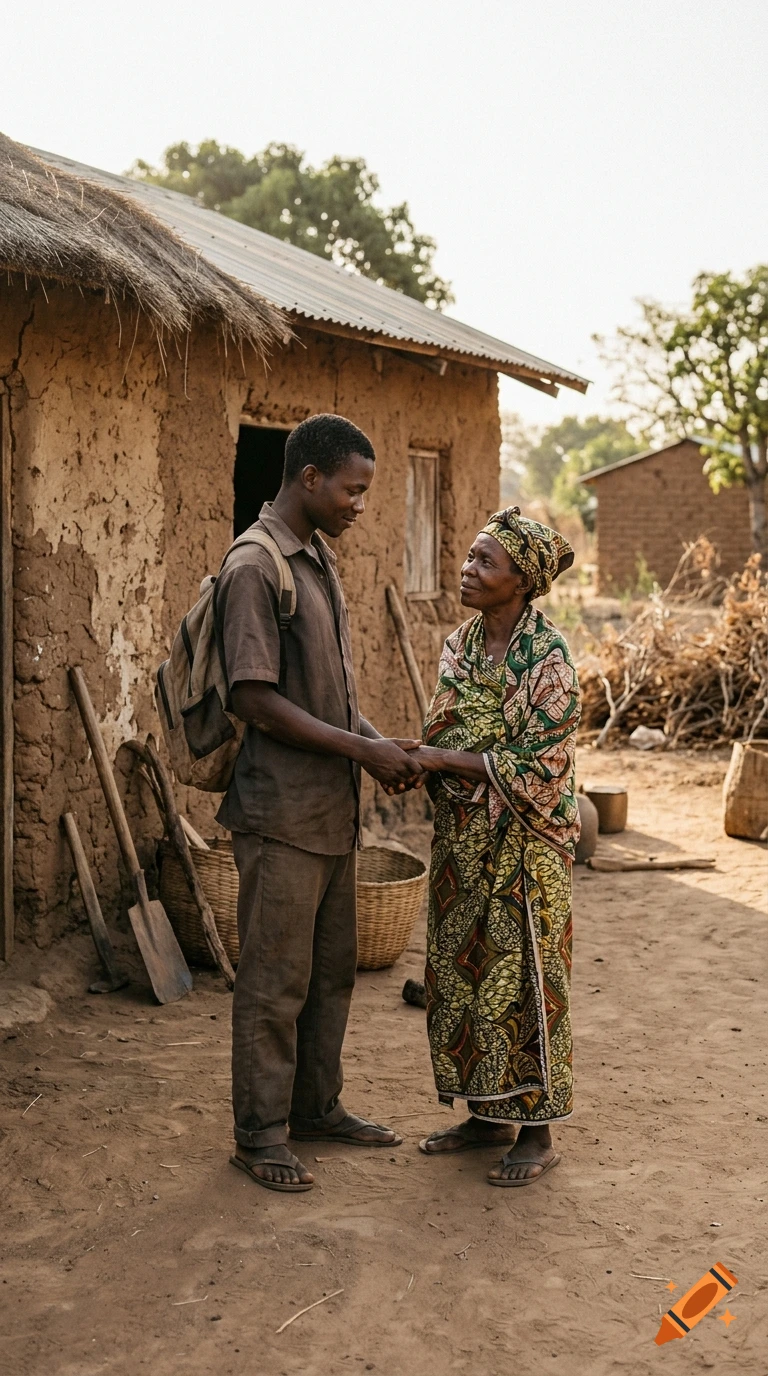 A young African man with a backpack holds hands and talks to his mother outside a mud brick house in a village, photorealistic.