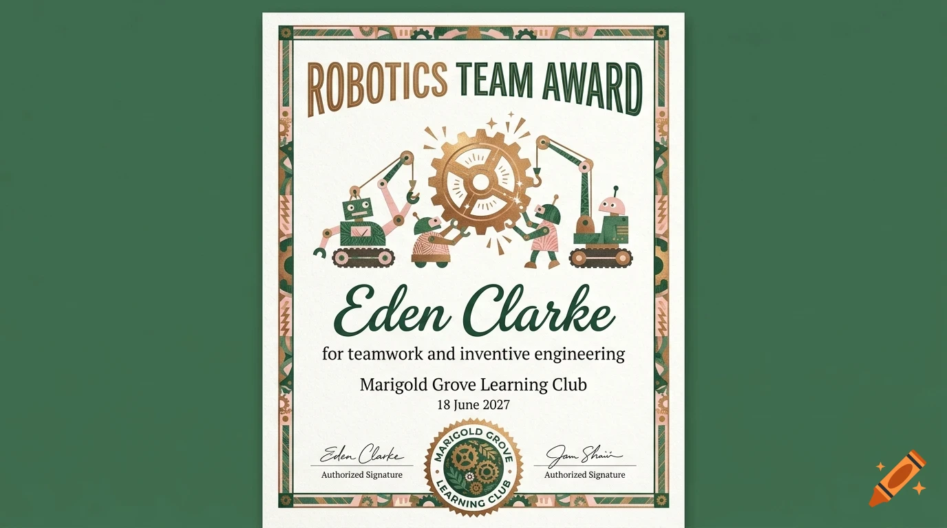 An award certificate titled Robotics Team Award featuring robots and a large gear, presented to Eden Clarke.