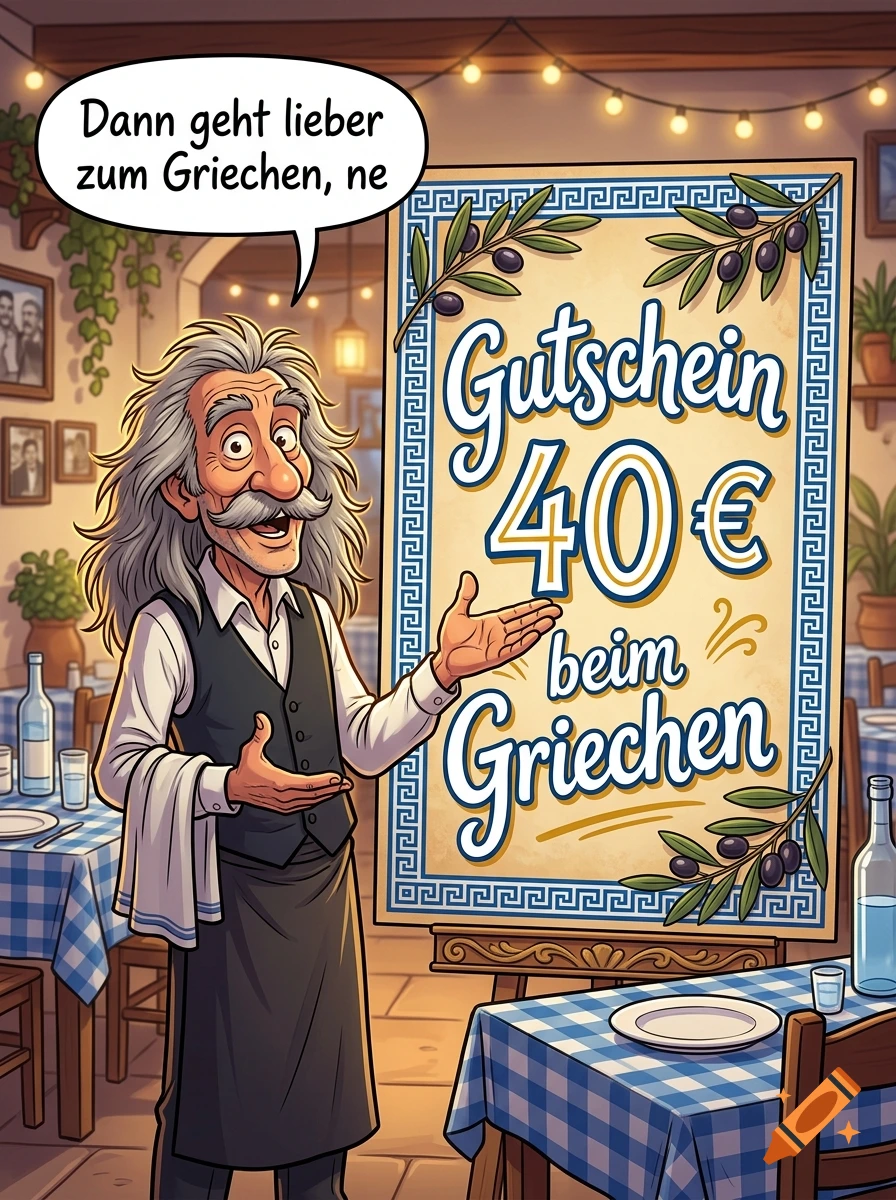 Comic style illustration of an old waiter holding a large voucher sign in a Greek tavern.