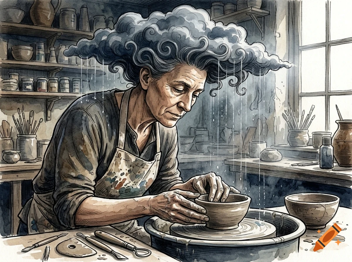 An older woman wearing an apron shapes a clay bowl on a pottery wheel in a workshop, while a dark rain cloud hovers over her head with water droplets falling.
