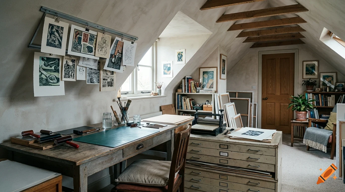 An artist's attic studio with slanted ceilings, wooden beams, a work desk with art supplies, a printing press, bookshelves, and artwork hanging on the wall.