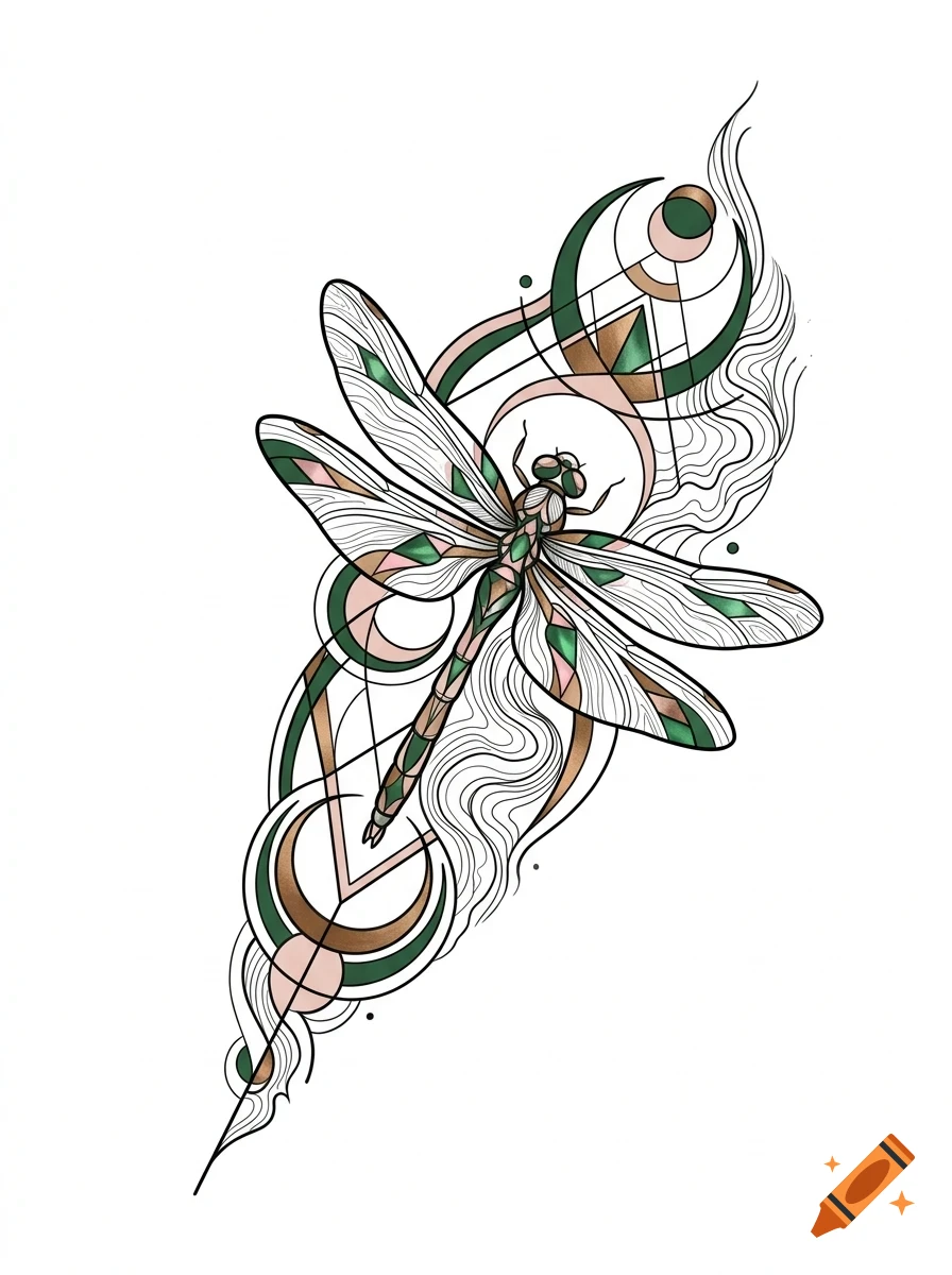 An artistic illustration of a dragonfly adorned with geometric patterns, crescent moons, and abstract flowing lines in shades of green, pink, and black on a white background.