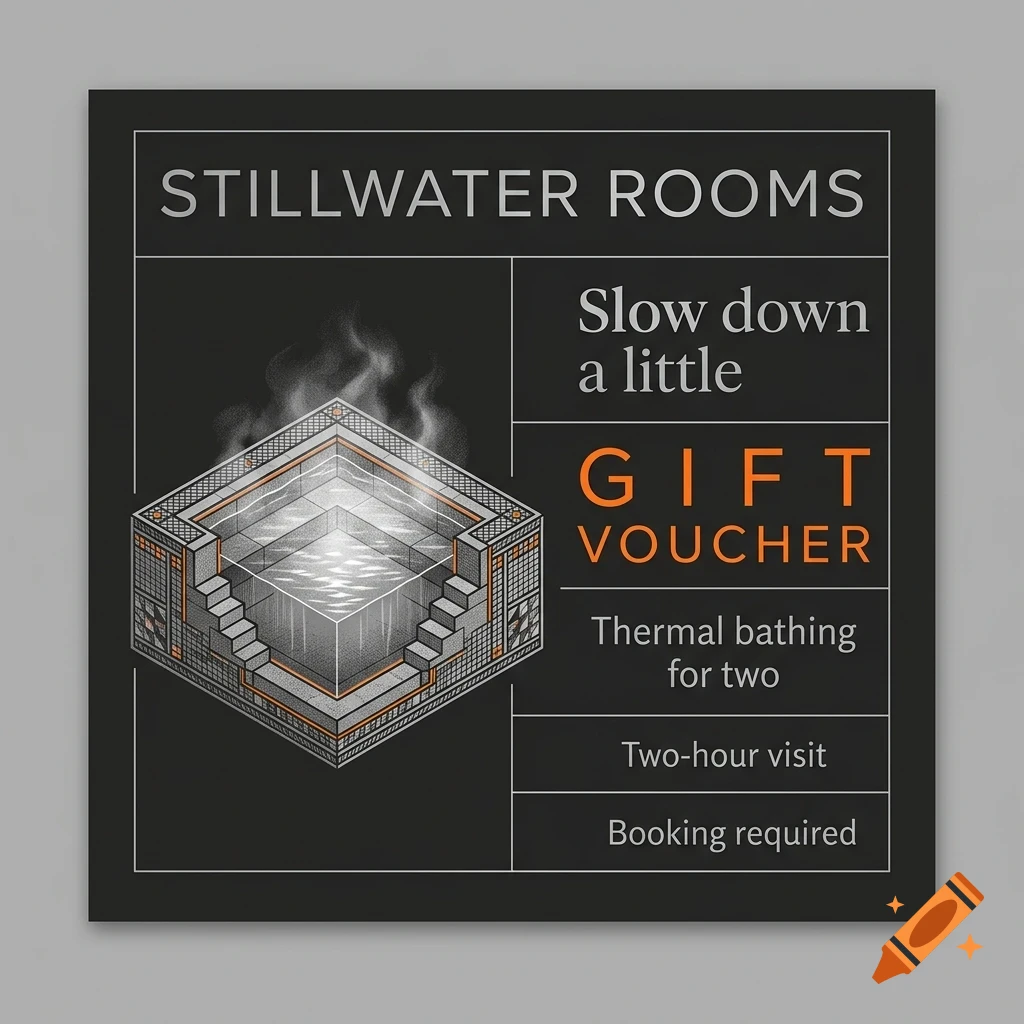 A dark-toned promotional graphic for Stillwater Rooms featuring an illustration of a steaming thermal bath cutaway, text reading 'Gift Voucher', and details for a thermal bathing experience for two.