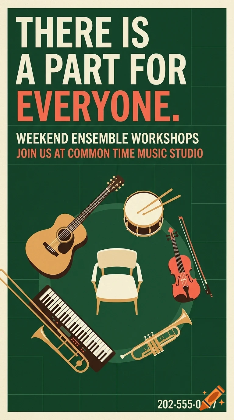 A poster with green background featuring musical instruments like a guitar, drum, violin, trumpet, and keyboard arranged around a chair, with text about weekend ensemble workshops.