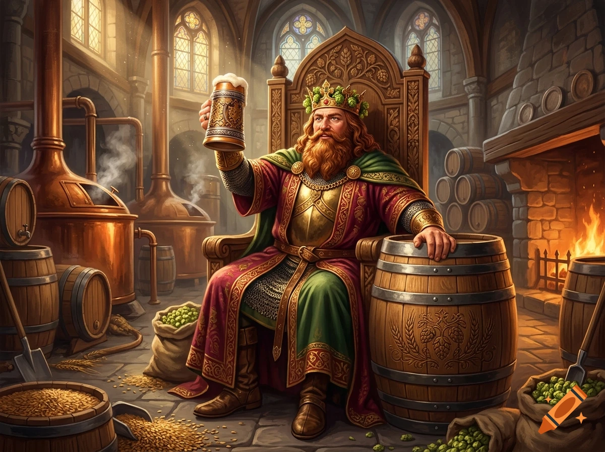 Gambrinus, the legendary king and inventor of brewing, holding a mug of beer on a wooden throne in a brewery.