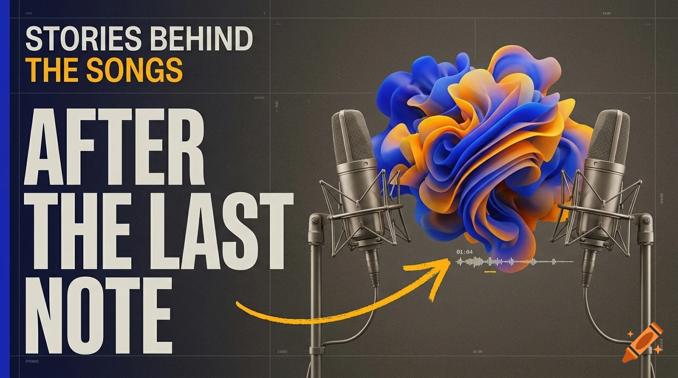 Podcast promotional graphic with two microphones, an abstract blue and orange shape, and lettering reading Stories Behind the Songs After The Last Note.