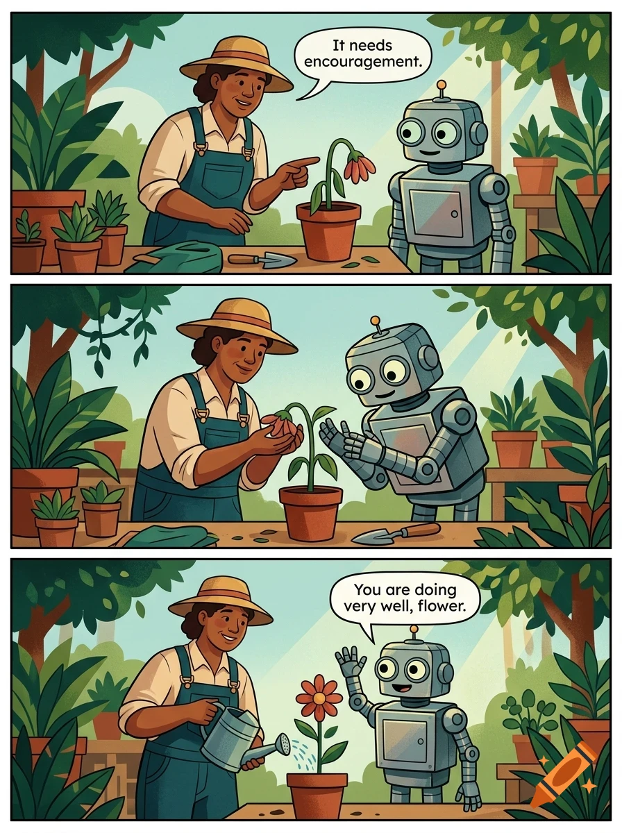 A three-panel comic strip showing a gardener and a robot caring for a drooping potted flower until it blooms.
