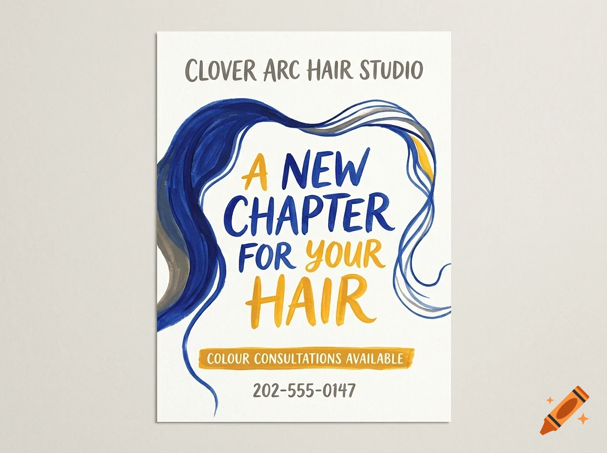 A flyer for Clover Arc Hair Studio with blue, grey, and yellow painted hair-like strokes and text reading A new chapter for your hair.