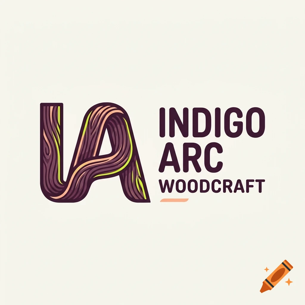 A logo design with the letters 'IA' styled with a woodgrain texture next to the text 'INDIGO ARC WOODCRAFT'.