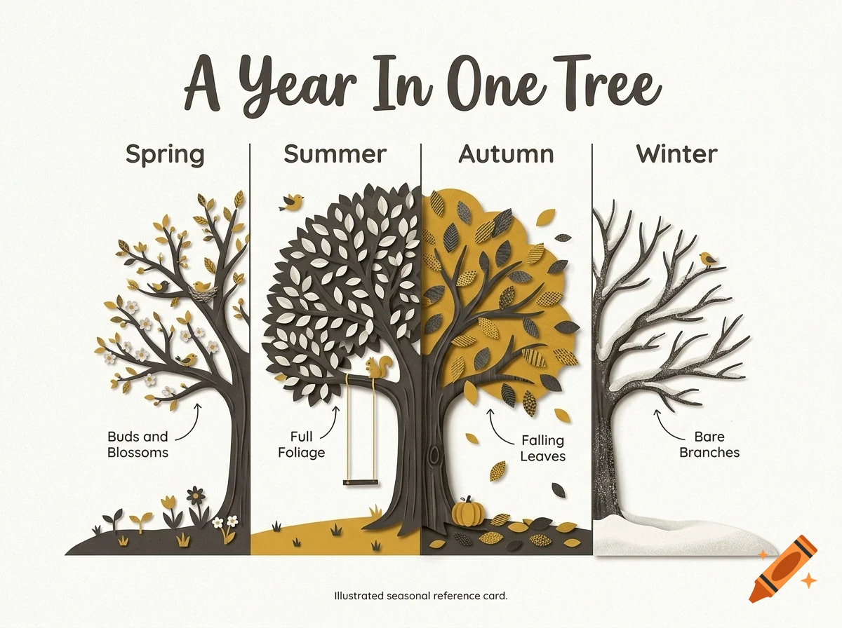 An educational diagram titled A Year In One Tree depicting the four seasons across four vertical panels showing tree changes in spring, summer, autumn, and winter.
