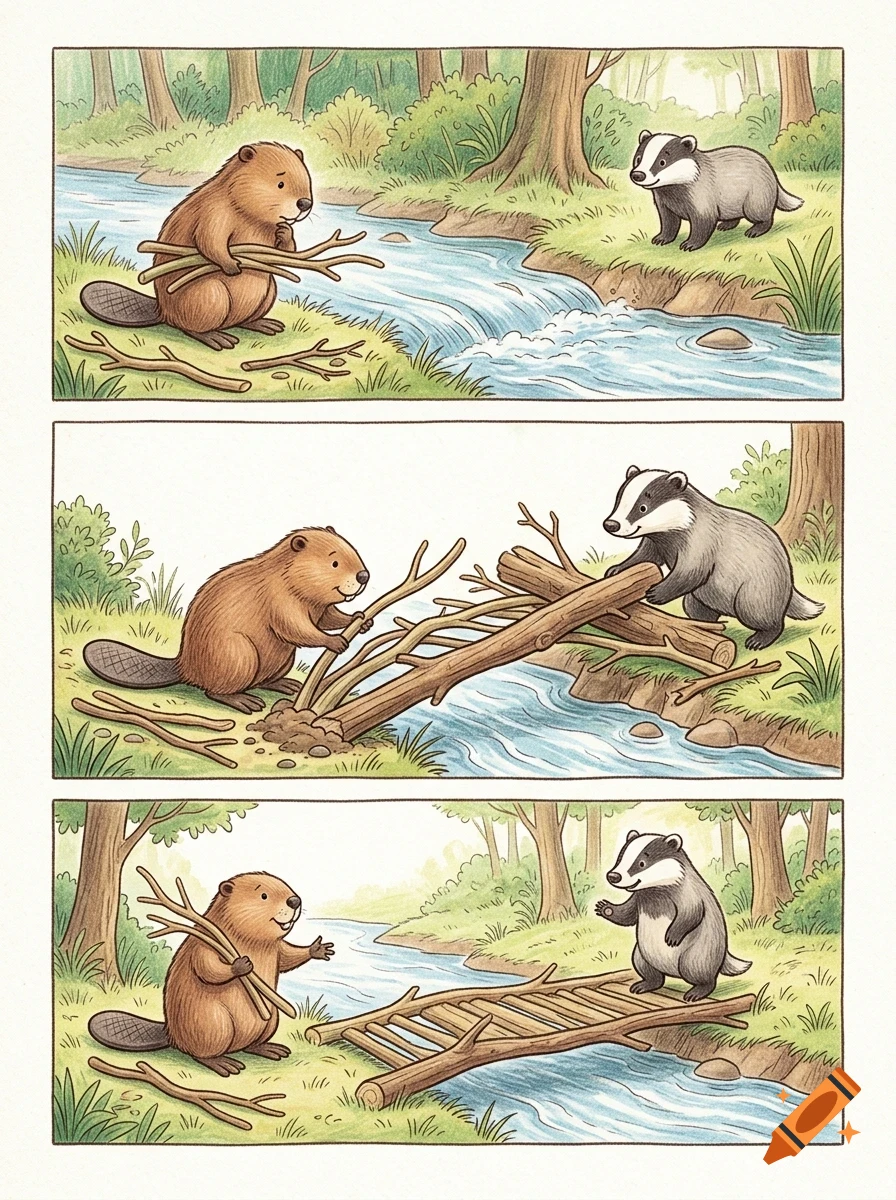 A three-panel comic illustration shows a beaver and a badger working together to build a wooden bridge over a forest stream.