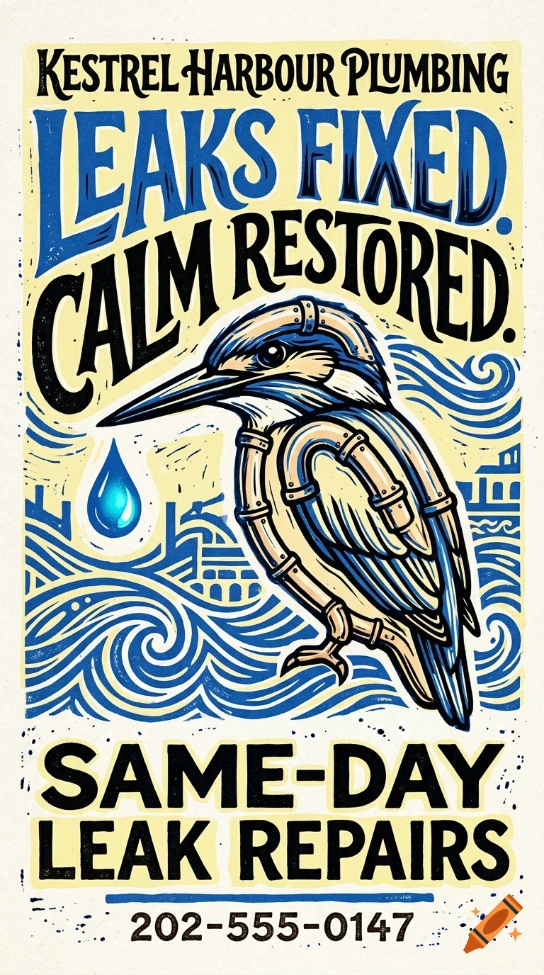 An illustrated poster for Kestrel Harbour Plumbing featuring a stylized kingfisher bird with pipe-like markings, a water droplet, waves, and bold typography.