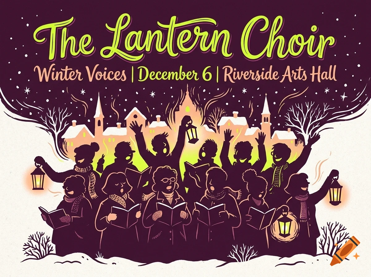 An illustrated winter poster showing a choir of silhouetted people holding lanterns and singing under a starry night sky above a snowy village.