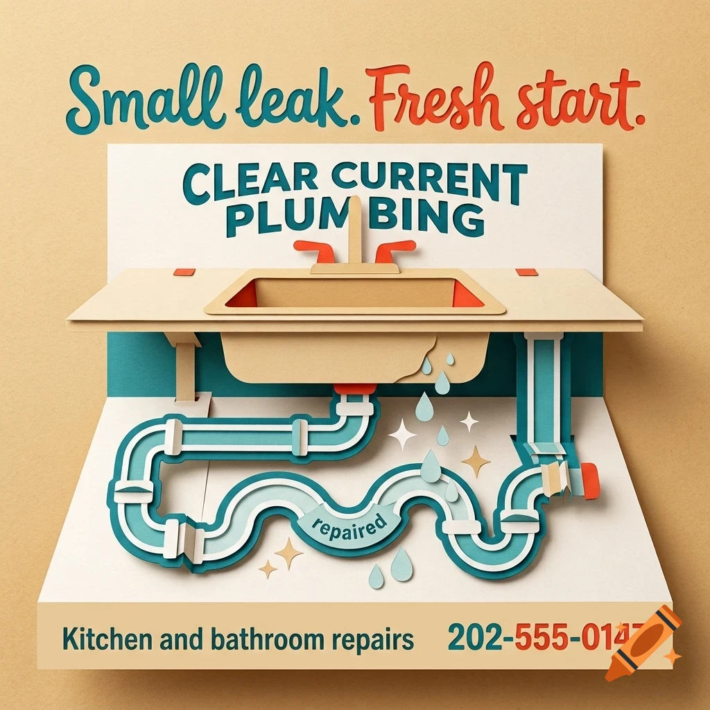 A papercraft-style advertisement for plumbing featuring a sink and visible pipes with water droplets, and the text Small leak. Fresh start.