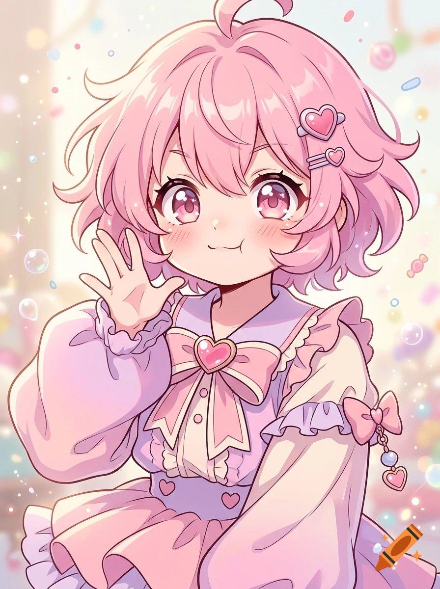 Anime style illustration of a cute character with short pink hair, pink eyes, and a pastel dress waving.