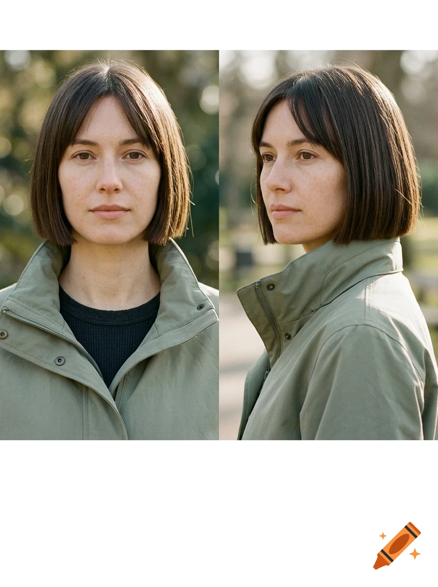 Two-panel photographic portrait of a woman with short dark hair and a green jacket outdoors.