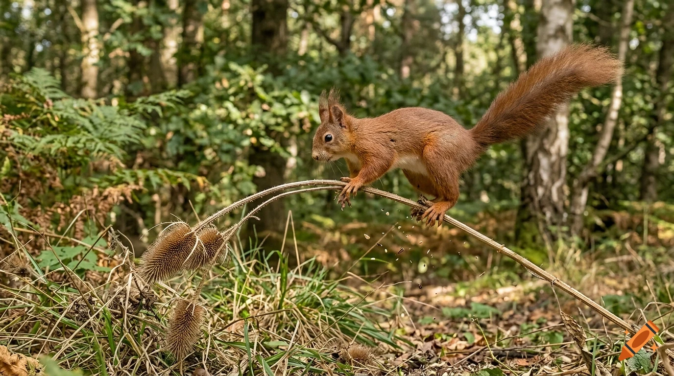 A red squirrel balances on a thin, bent stem in a forest.