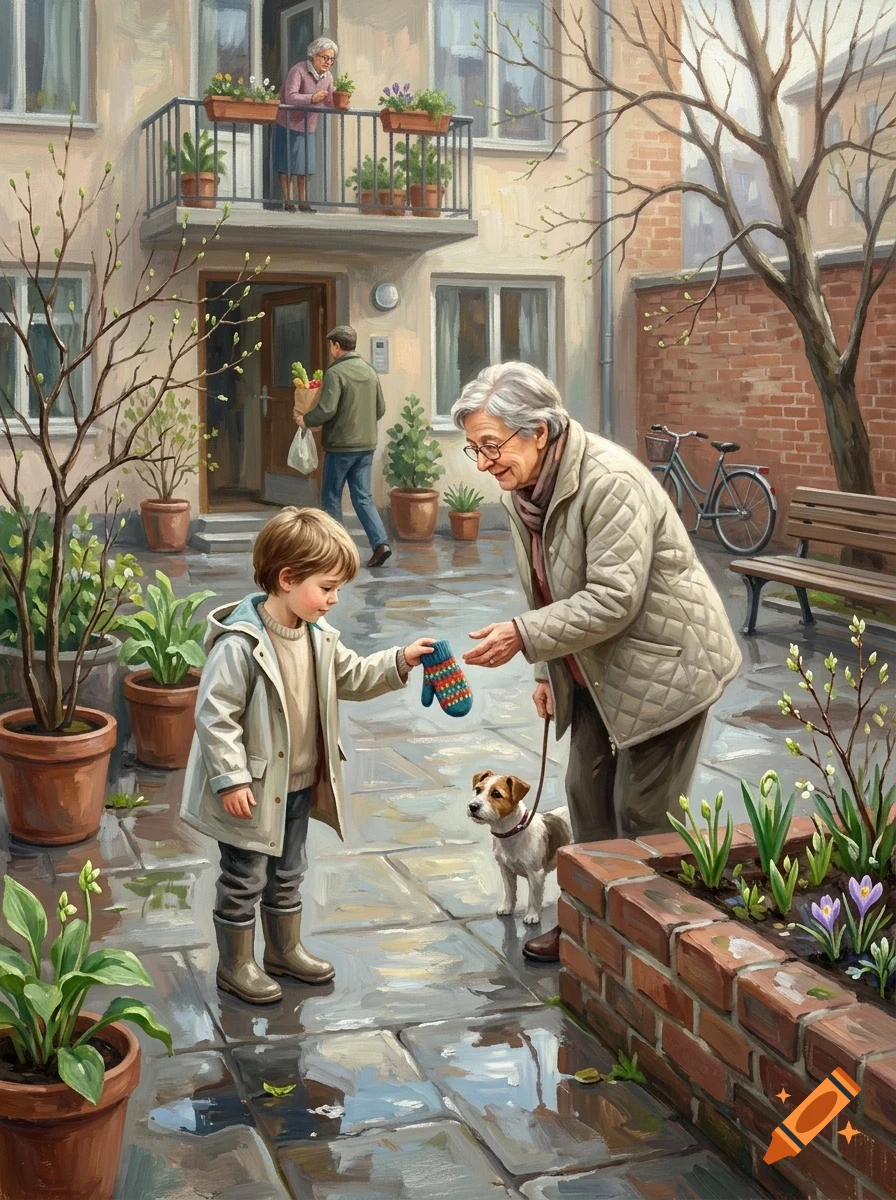 An elderly woman with a small dog and a young child handing her a mitten in an urban courtyard with potted plants.