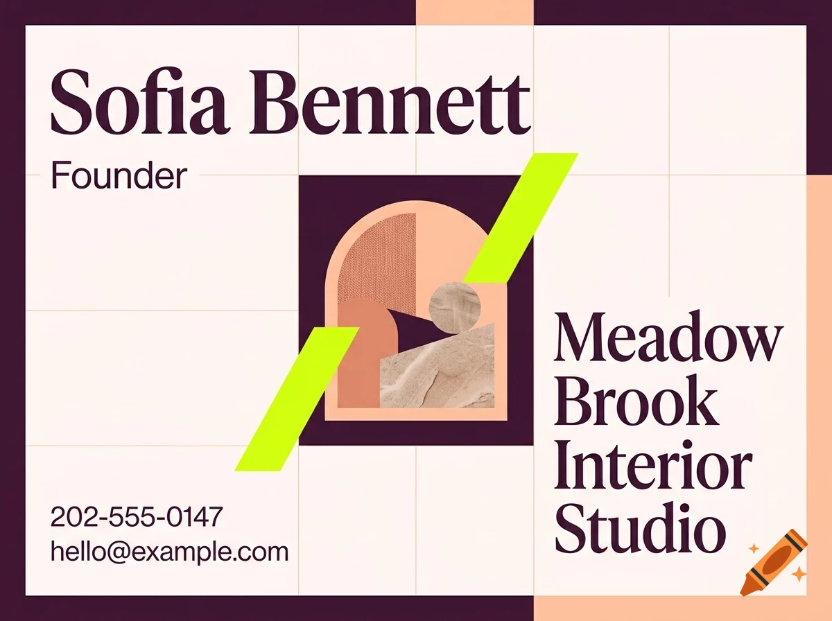 A business card design featuring the name Sofia Bennett, Founder, and Meadow Brook Interior Studio with geometric shapes and abstract art.