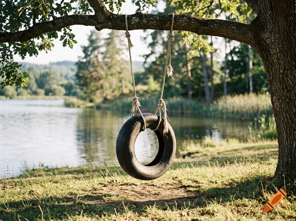 A photorealistic image of a tire swing hanging from a large oak tree branch by a calm lake.