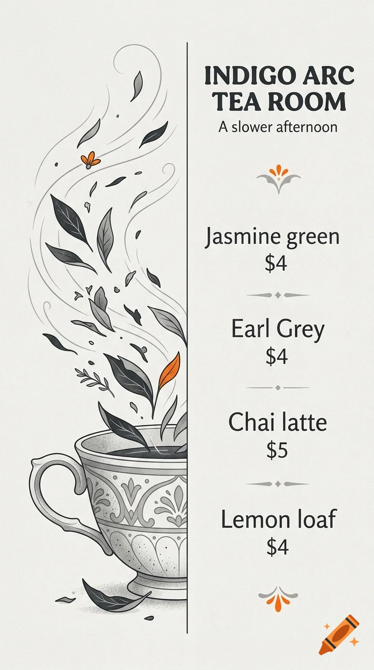 An illustration of a teacup with swirling leaves and steam on the left, and a tea menu listing items and prices on the right.