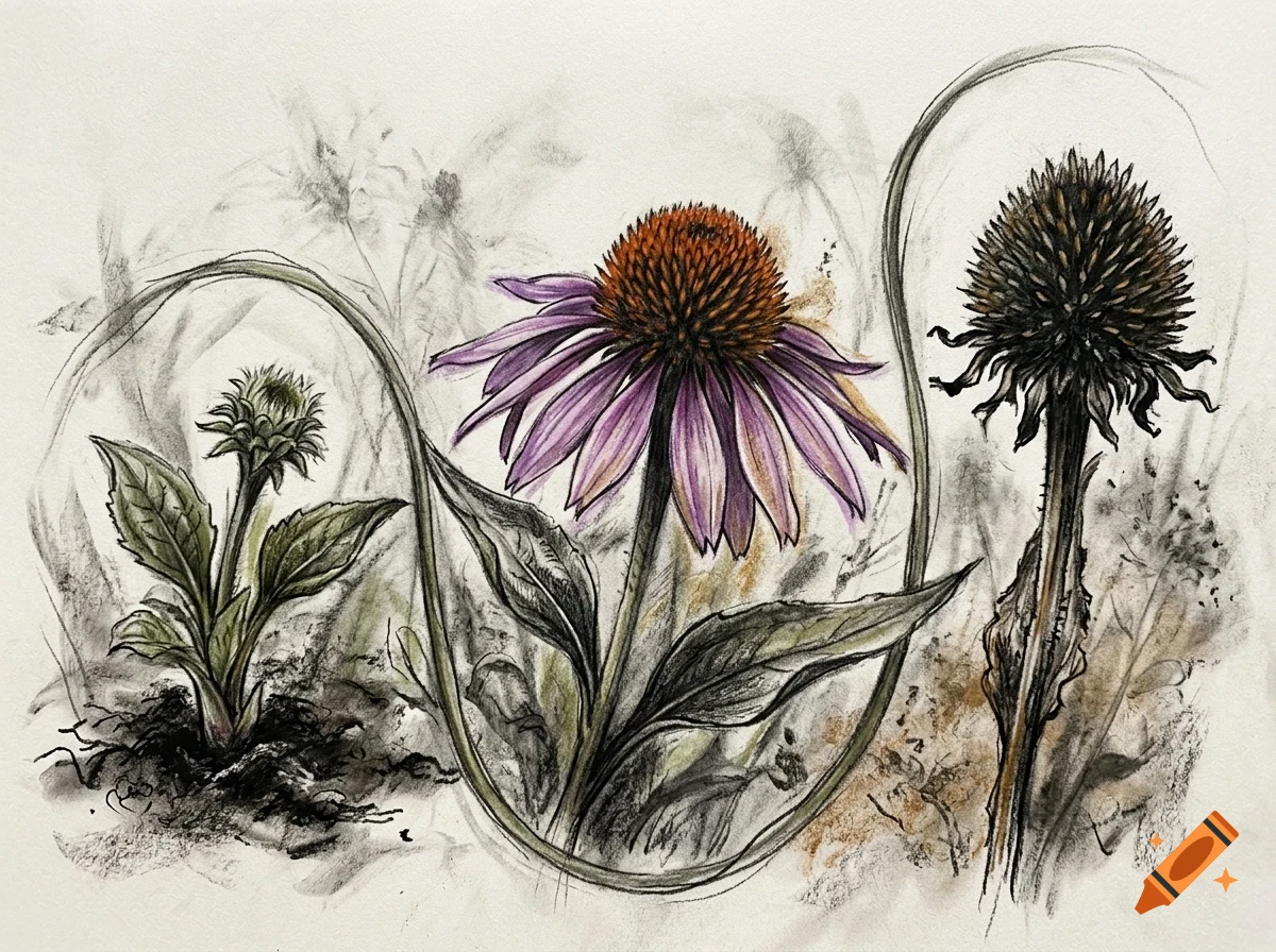 An ink and pencil drawing showing three stages of a purple coneflower: a young plant bud, a blooming flower in full color, and a dried seed head.