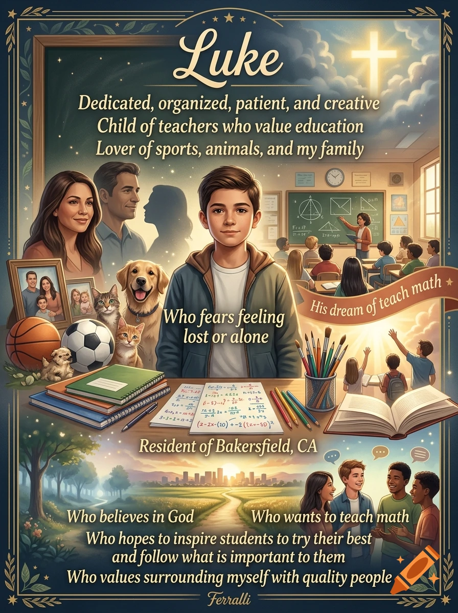 An illustrated biographical poster for a boy named Luke, featuring math symbols, animals, and teaching elements.