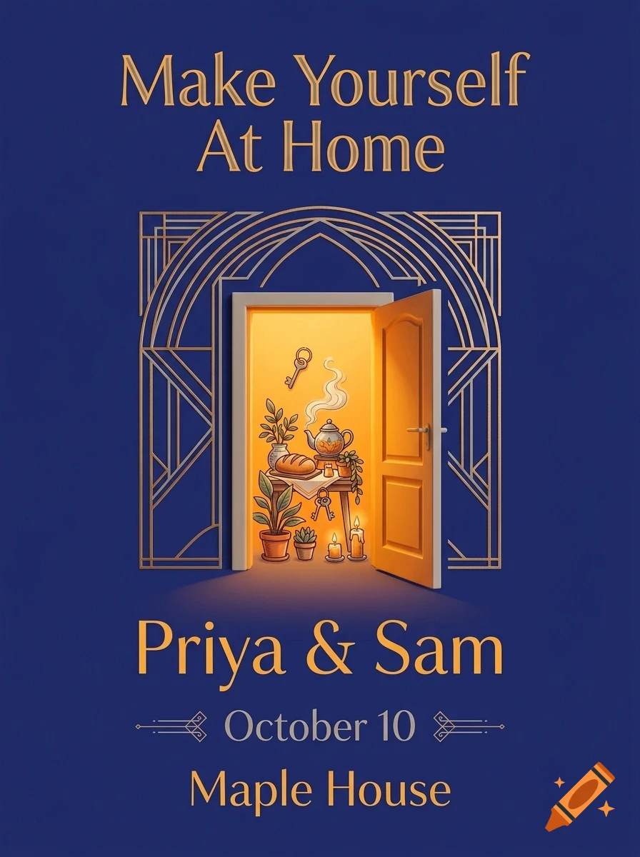 An invitation design with an open door revealing a warm, glowing room with plants, a teapot, and candles, accompanied by text.