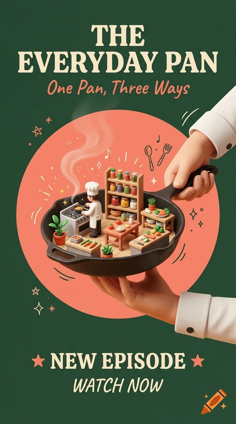 An illustrated poster depicting a tiny kitchen scene with a chef inside a cast iron pan held by hands, with text reading THE EVERYDAY PAN One Pan, Three Ways.