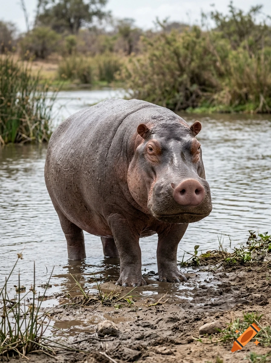 Photorealistic image of a hippopotamus standing in shallow water near a muddy riverbank.