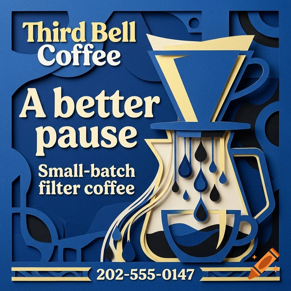 A layered papercraft illustration of a coffee dripper pouring into a carafe, with the text Third Bell Coffee and A better pause.