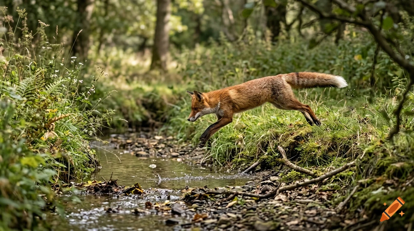 A red fox mid-air leaping across a small stream in a wooded area.