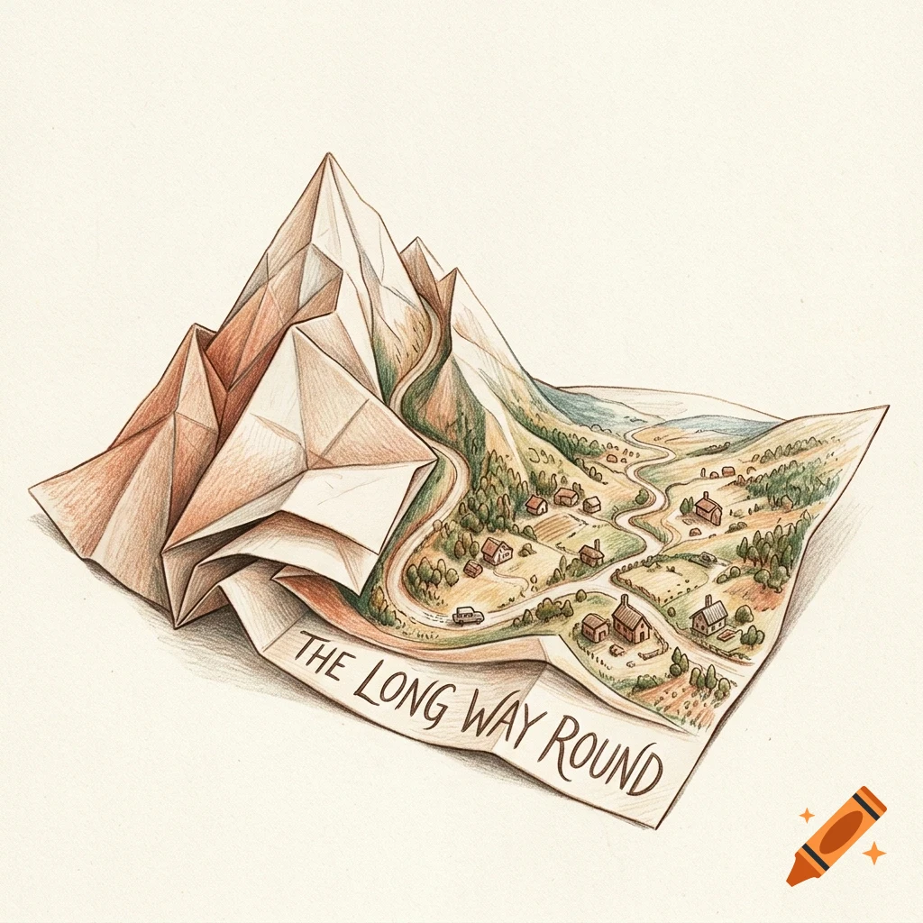 An illustrated paper map folded into a 3D mountain landscape with tiny houses, trees, and roads, bearing the text THE LONG WAY ROUND.