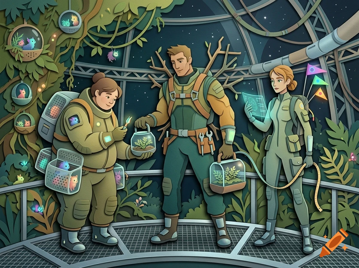Three futuristic explorers in specialized gear examine plants and small alien creatures inside a large dome structure at night.
