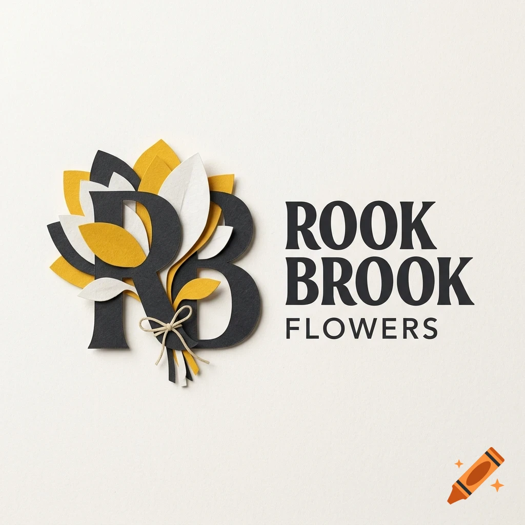 A logo for Rook Brook Flowers featuring paper-cut letters R and B intertwined with stylized yellow, white, and dark grey flower petals and leaves.