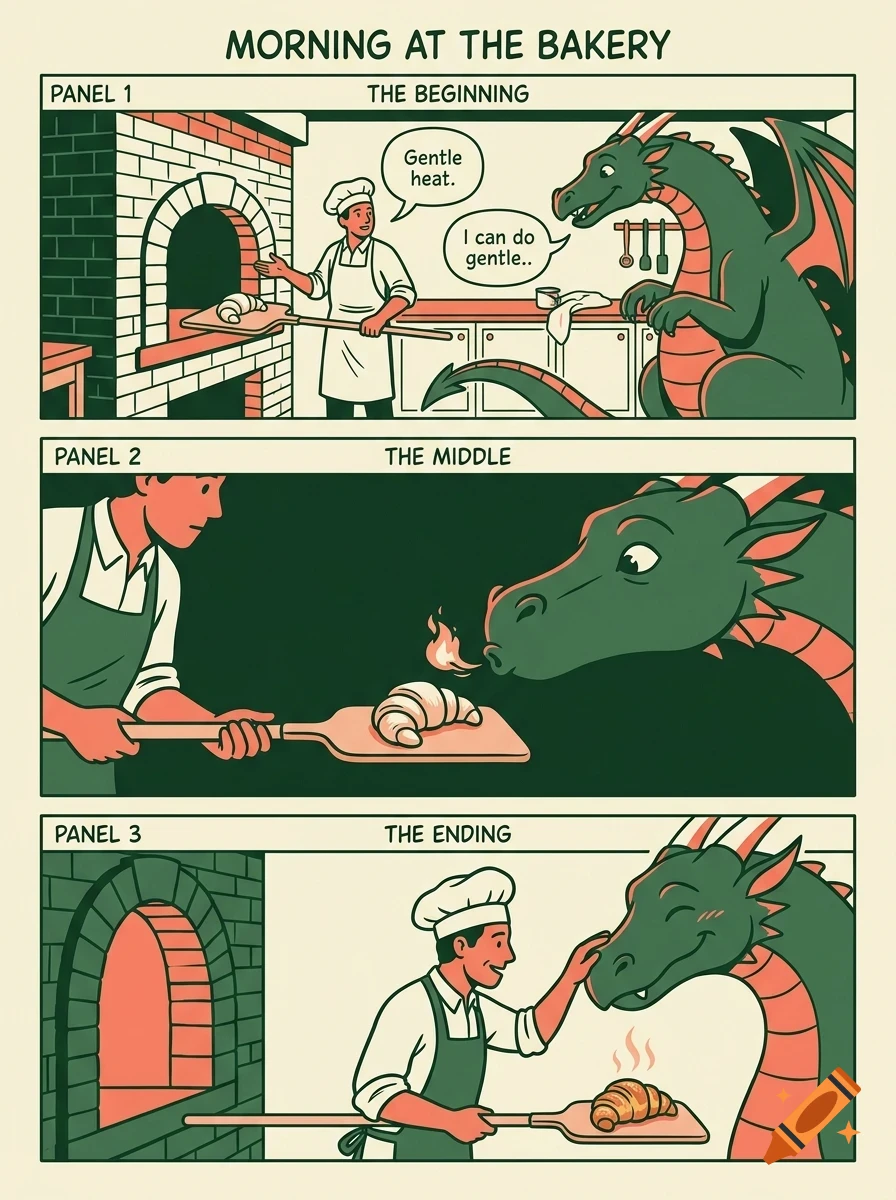 A three-panel comic strip titled Morning at the Bakery, showing a baker using a dragon's gentle fire to bake a croissant.