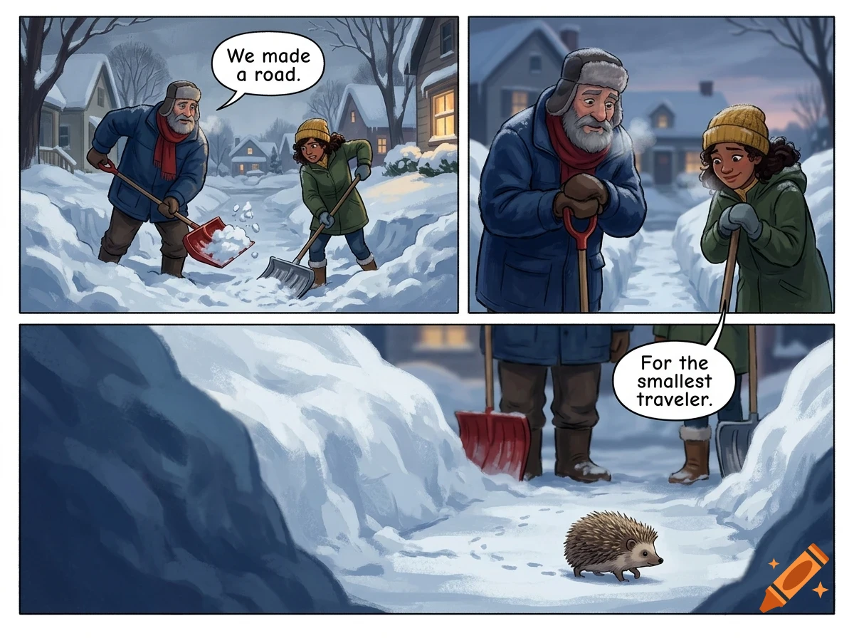 A comic strip showing an older man and a young woman shoveling snow on a snowy street, creating a path for a small hedgehog.