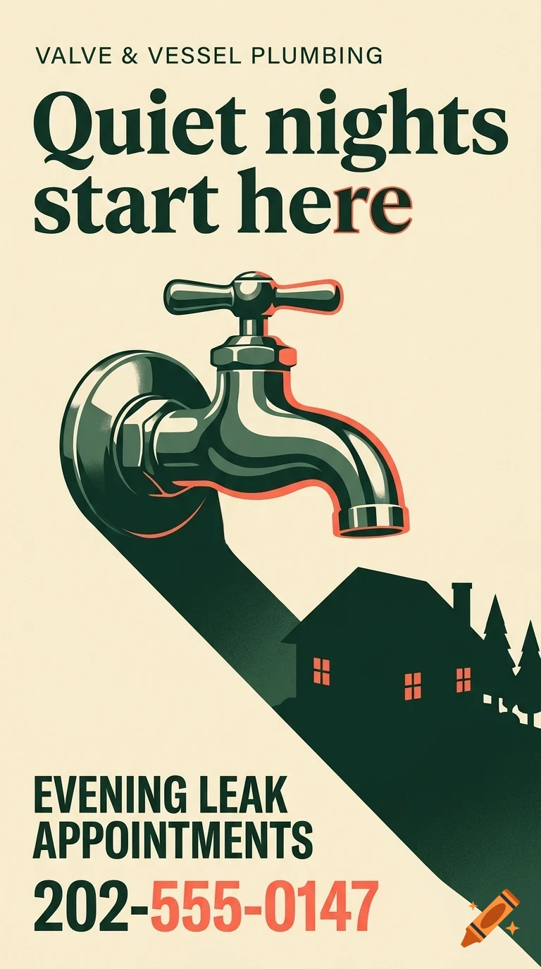 An advertising poster featuring a plumbing faucet casting a shadow shaped like a house, with the text 'Quiet nights start here' and contact information.