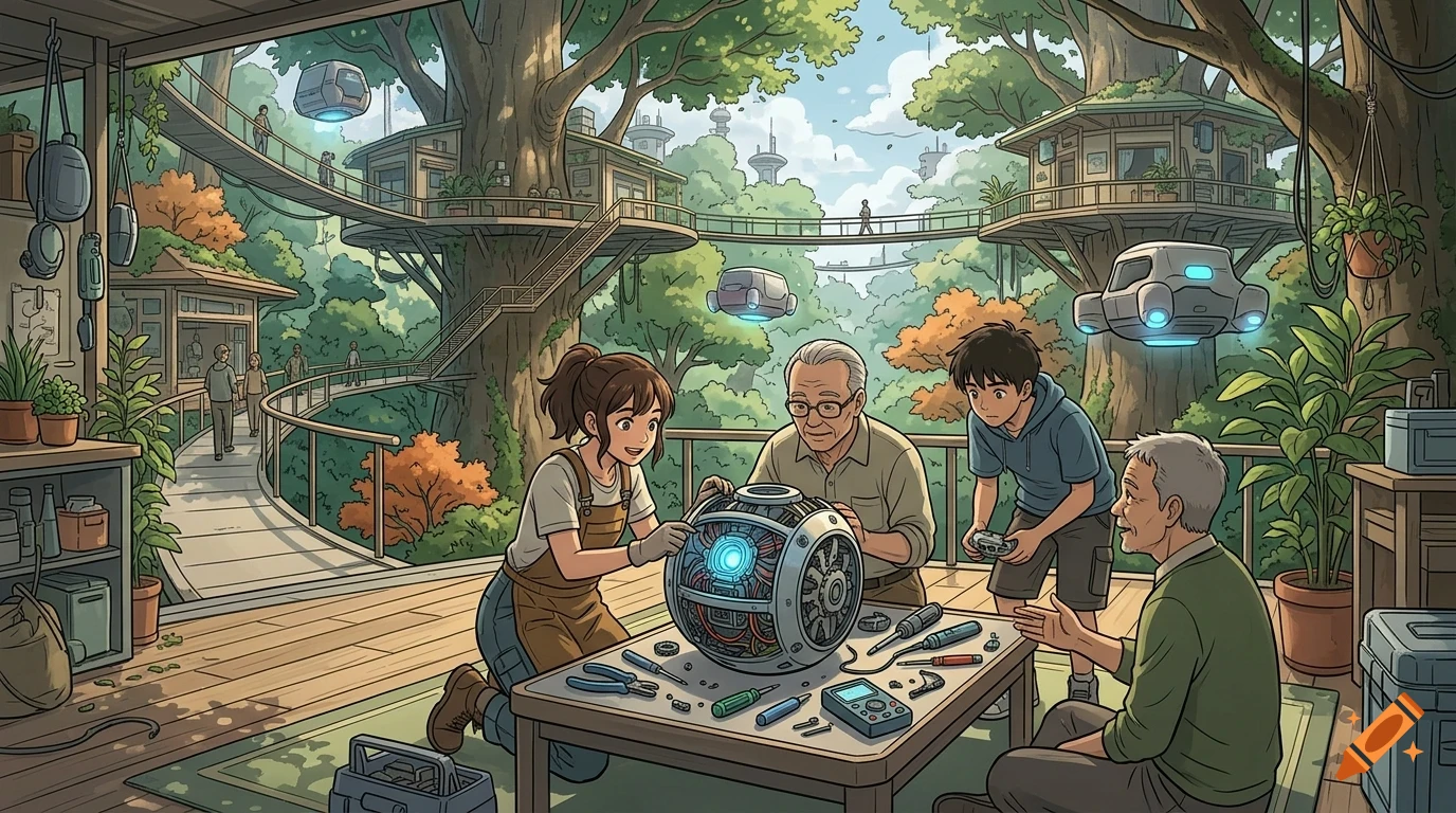 An illustrated family working together to repair a glowing robotic sphere on a wooden deck in a futuristic treehouse village.