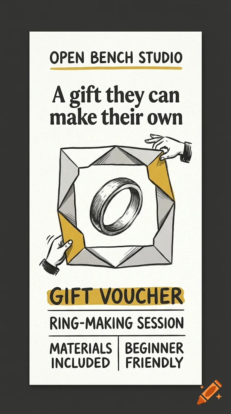 A gift voucher flyer for a ring-making session with hands opening a wrapped package containing a ring sketch.