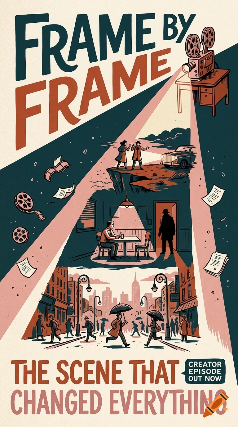 An illustrated poster for 'Frame By Frame' showing a film projector casting light beams that reveal different movie scenes, with city streets and lettering.