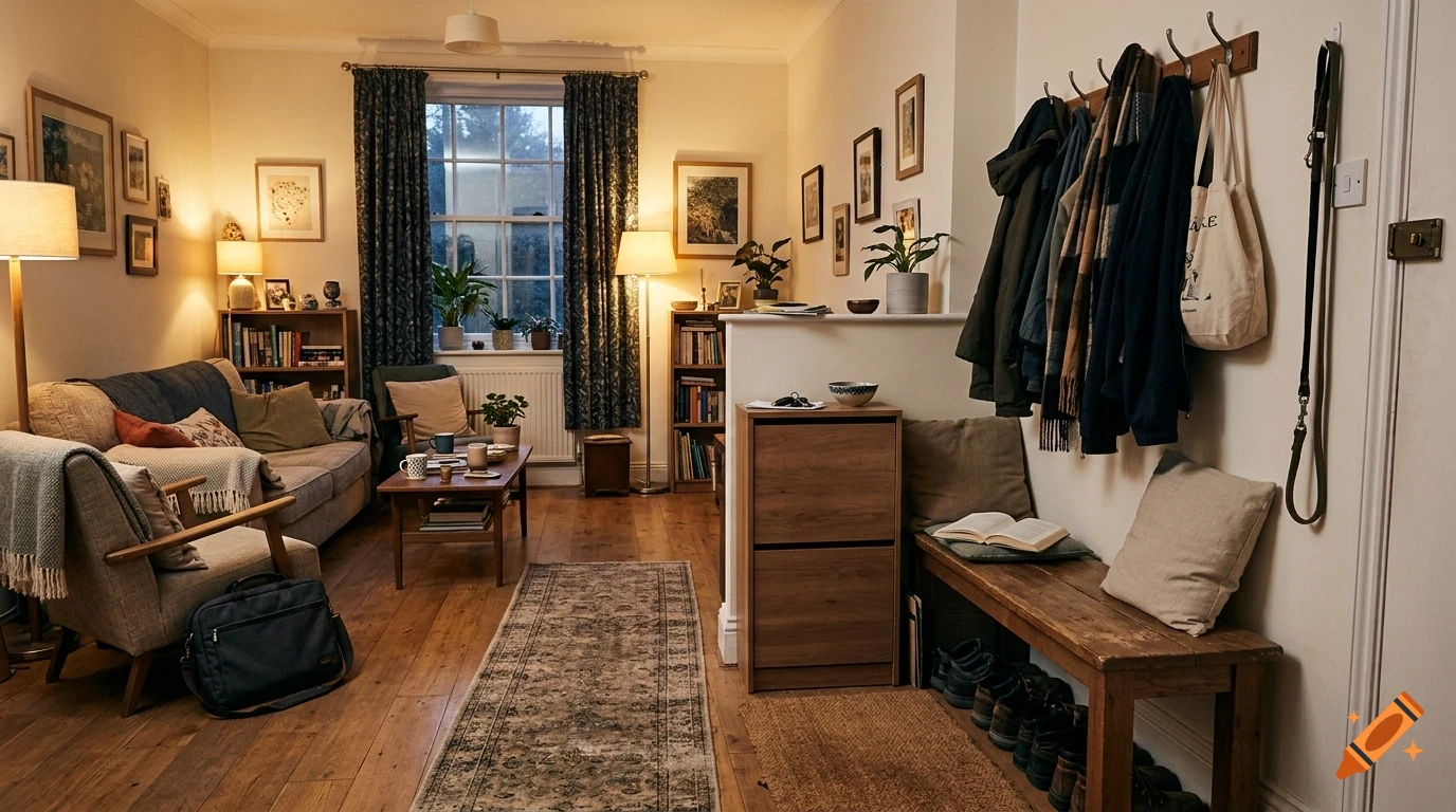 A cozy, well-lit living room interior featuring a sofa, armchair, wooden coffee table, bookshelves, and a coat rack with jackets on the wall.