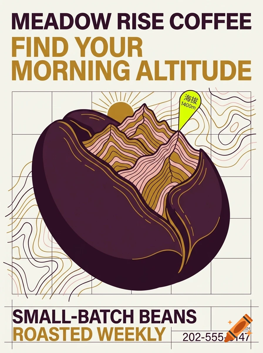 A poster design featuring a split coffee bean revealing a mountainous landscape inside, with text reading MEADOW RISE COFFEE and FIND YOUR MORNING ALTITUDE.
