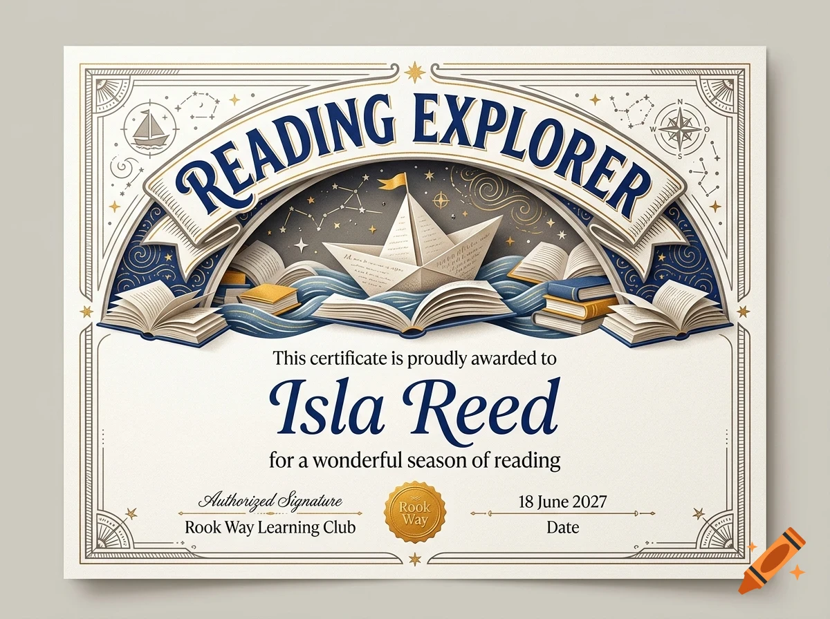 An ornate certificate titled Reading Explorer featuring illustrations of open books, a paper boat on stylized waves, and decorative framing.