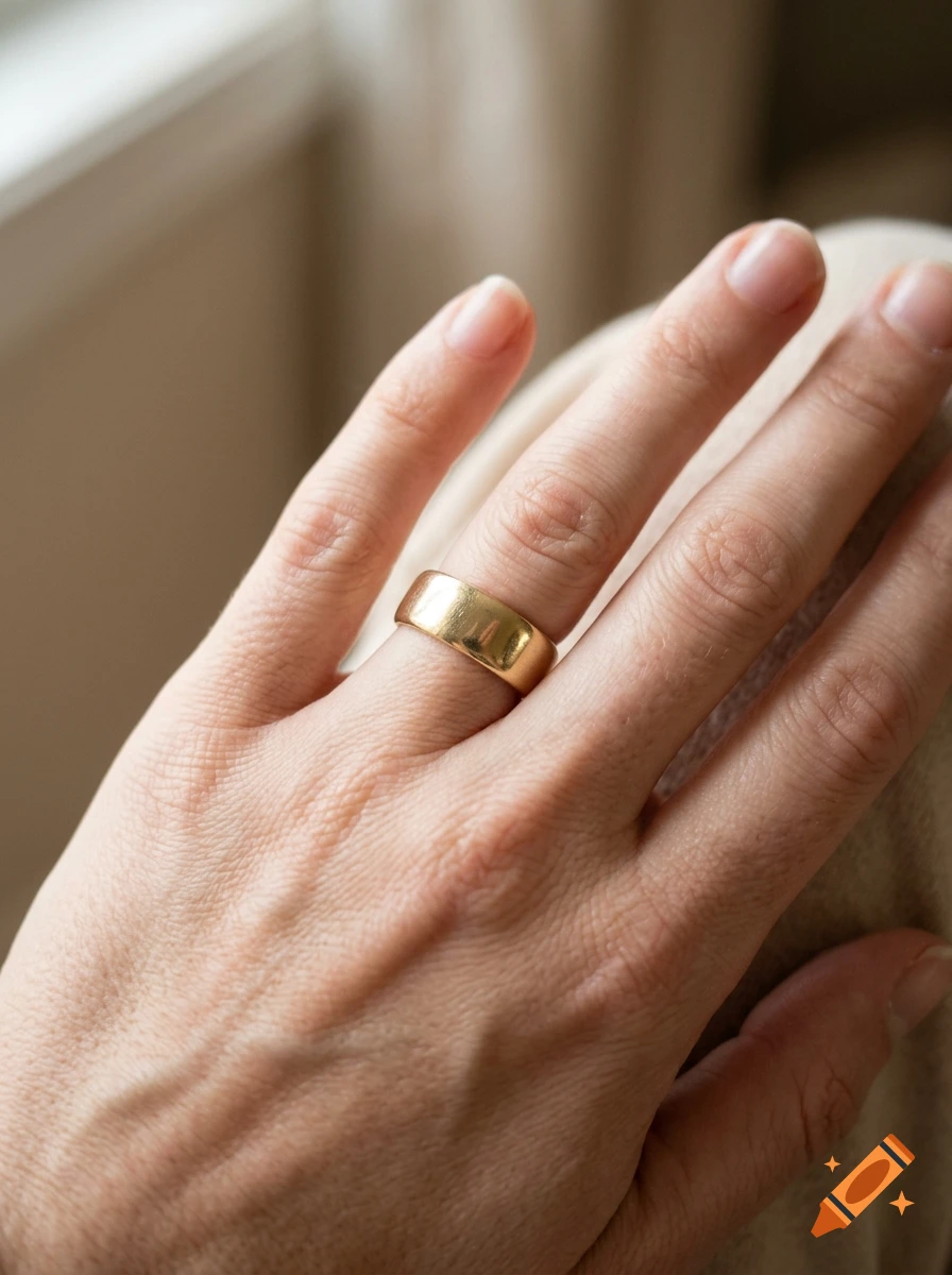 Close-up photorealistic shot of a person's hand wearing a wide gold wedding band on the ring finger.