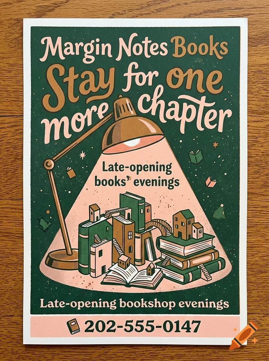 An illustrated poster for Margin Notes Books featuring a desk lamp shining light on a pile of books shaped like houses, with the text Stay for one more chapter and a phone number.