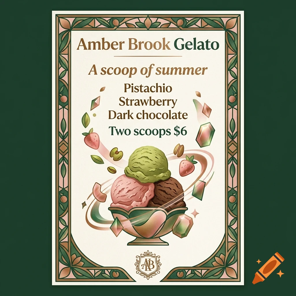 An art nouveau style advertisement poster for Amber Brook Gelato showing a bowl of three gelato scoops surrounded by swirling fruit, nuts, and crystal elements.