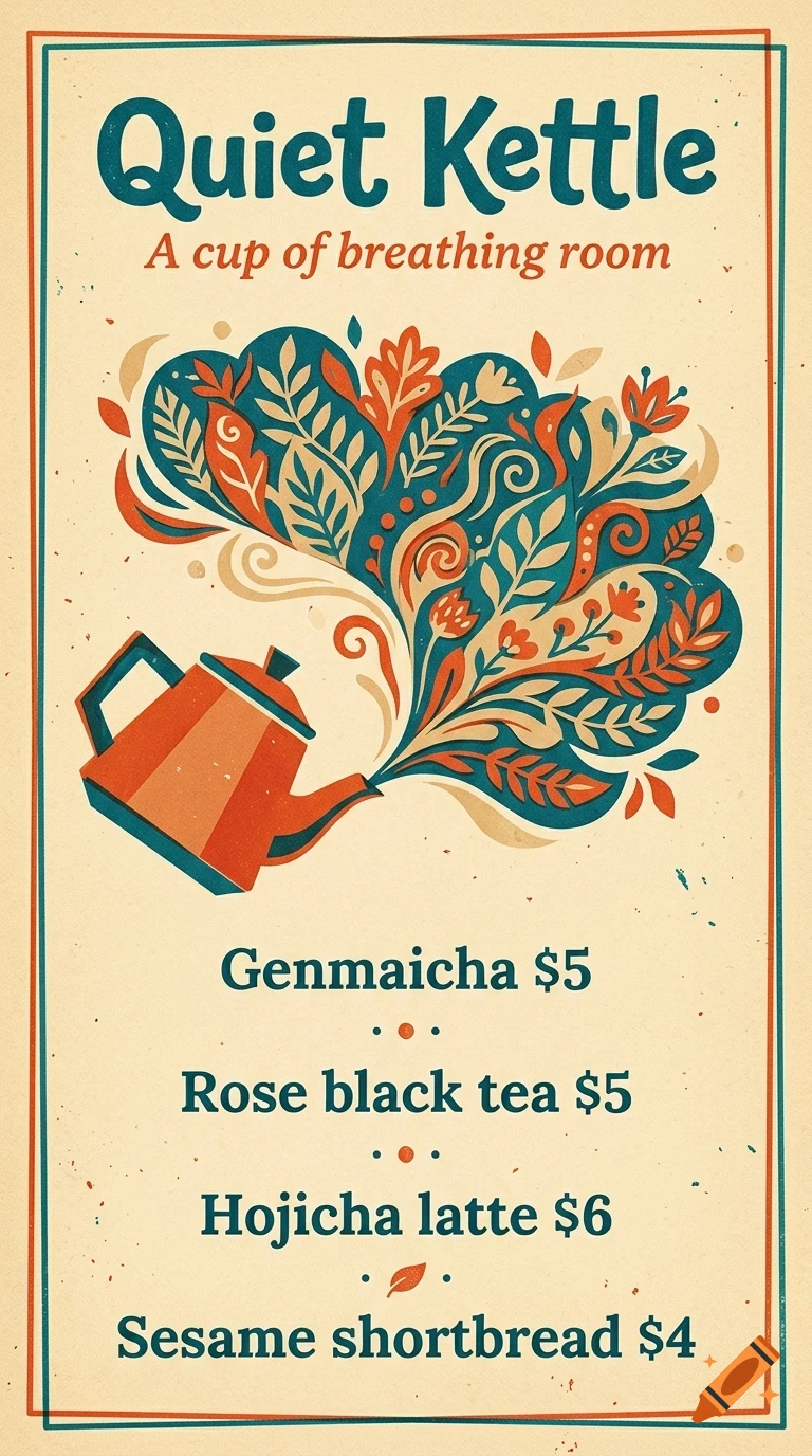 An illustrated menu poster featuring a teapot pouring stylized botanical steam and text reading Quiet Kettle.